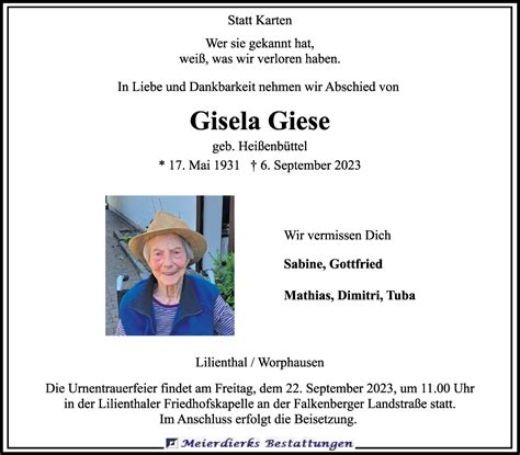 Traueranzeigen Von Gisela Giese Trauer And Gedenken
