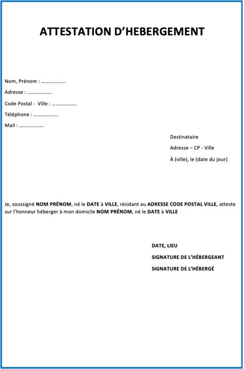 Attestation D Hebergement A Titre Onereux Modele De Lettre Type My