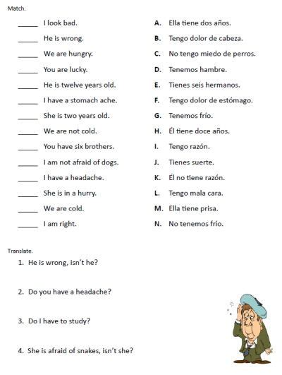 spanish verb tener worksheets worksheets
