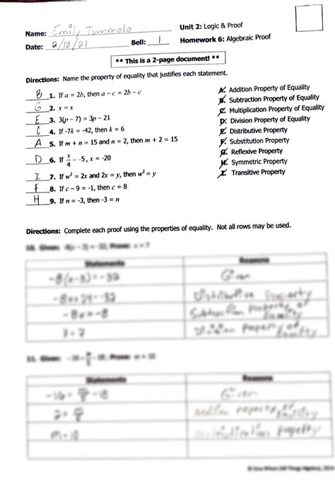 Solution Unit 2 Logic And Proof Algebraic Proof Worksheet Studypool
