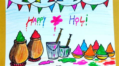 Easy Holi Drawing For Kids Holi Colours Drawing Youtube