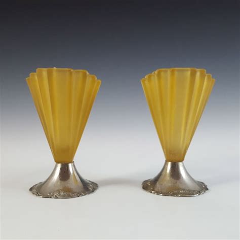 bagley 334 pair of art deco amber glass and chrome grantham vases