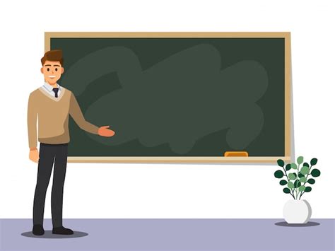 Premium Vector Young Male Teacher On Lesson At Blackboard In Classroom