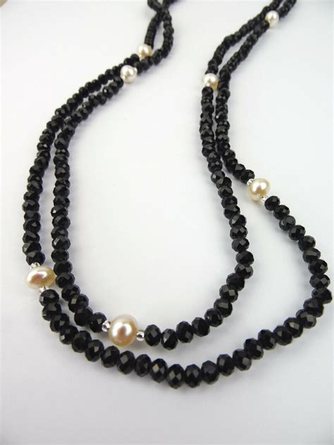 Black Crystal Necklace With Natural Pearls Long Necklace 2 Etsy