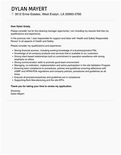 Cleaning Manager Cover Letter | Velvet Jobs