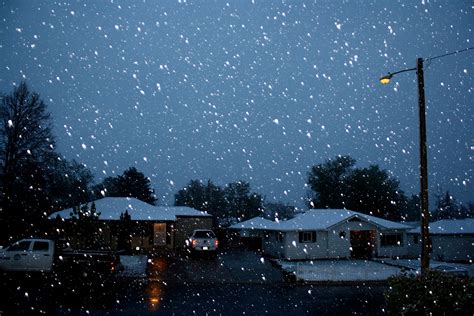 Falling Snow On Neighborhood Street At Night Picture