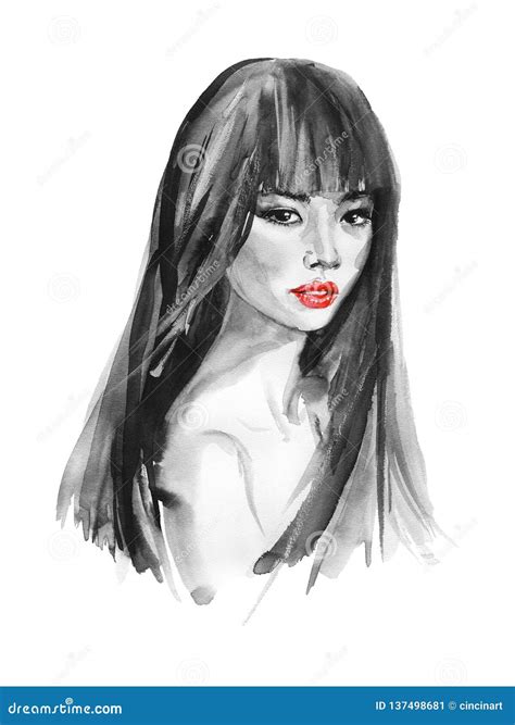 Watercolor Portrait Of Asian Woman Stock Illustration Illustration Of