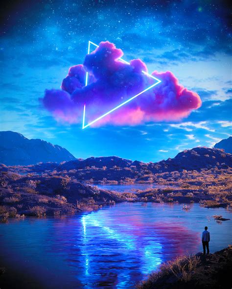 Artwork Digital Art Nature Neon Mountains Lake Clouds Triangle