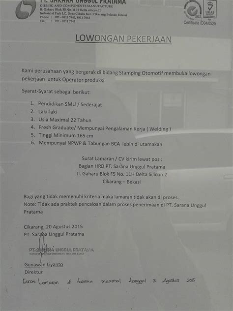 Contoh surat lamaran kerja spg/spb di toko kosmetik. Lowongan Kerja PT. Sarana Unggul Pratama - Lowongan Cikarang, Bekasi, Karawang