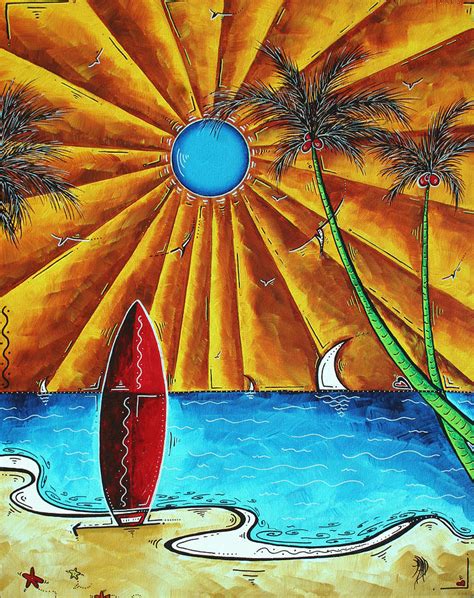 Original Tropical Surfing Whimsical Fun Painting Waiting For The Surf