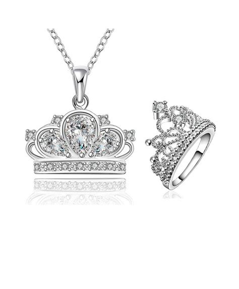 925 Sterling Silver Plated Crown Pendant Ladys Necklace Princess