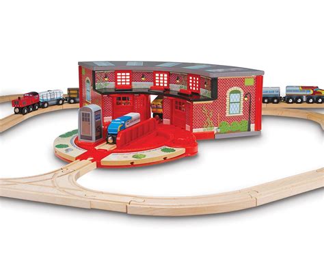 New Melissa And Doug Wooden Train Deluxe Roundhouse And Turntable Set
