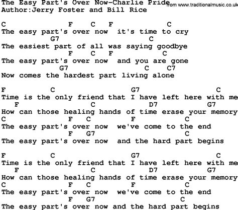 Country Musicthe Easy Parts Over Now Charlie Pride Lyrics And Chords