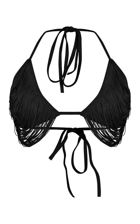Black Draped Tassel Triangle Bikini Top Prettylittlething Ksa