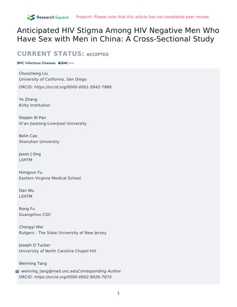 Pdf Anticipated Hiv Stigma Among Hiv Negative Men Who Have Sex With Men In China A Cross