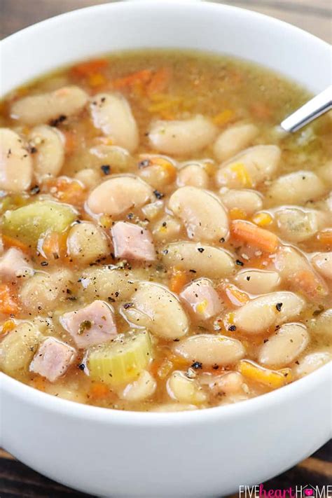 Made with a ham bone, dried white beans, chopped carrots, celery, onions, and garlic, chicken stock, and fresh thyme, this recipe takes minutes to assemble in a slow cooker. Slow Cooker Ham and Bean Soup • FIVEheartHOME