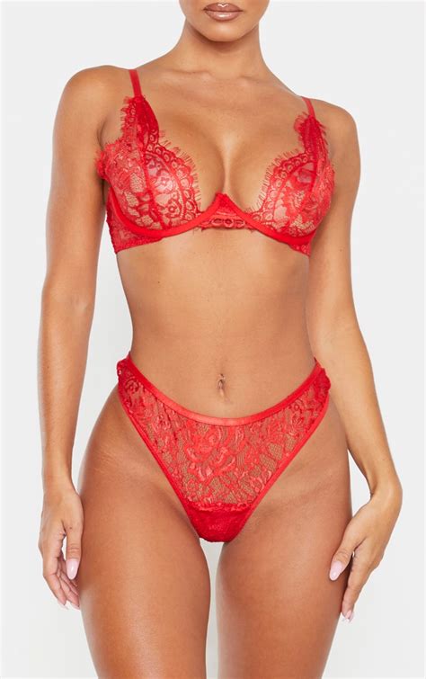 Red Floral Lace Thong Lingerie Prettylittlething Il