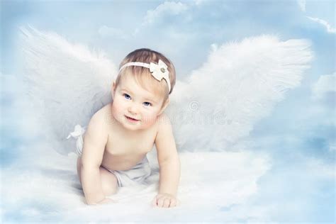 Angel Baby With Wings Crawling On Sky Kid Girl Cupid Newborn Stock