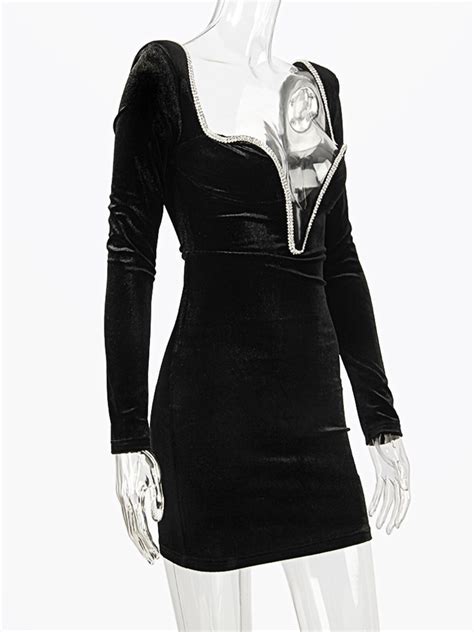 jillperi long sleeve sexy deep v neck wired diamante crystal padded shoulder bodycon outfits