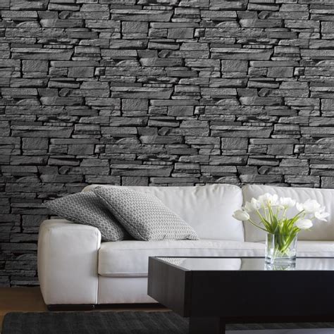 Grandeco Dax Dry Stone Wall Slate Brick Effect Vinyl Wallpaper 827088