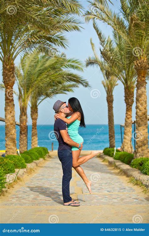 Romantic Couple Kissing On The Beach With Palm Trees Stock Image