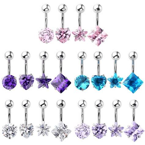 189 4pcsset Star Heart Navel Belly Ring Button Bar Crystal Body