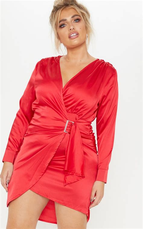 Plus Red Satin Ruched Dress Plus Size Prettylittlething