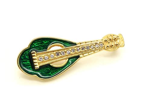 Vintage Large Mandolin Green Enamel Gold Tone Rhinestones Etsy