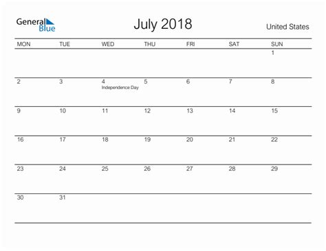 Printable July 2018 Monthly Calendar With Holidays For United States