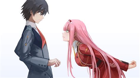 Darling In The Franxx Zero Two Hiro Zero Two Bend And Seeing Hiro Face With White Background Hd