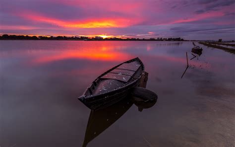 Wallpaper Landscape Boat Sunset Sea Water Reflection Sky