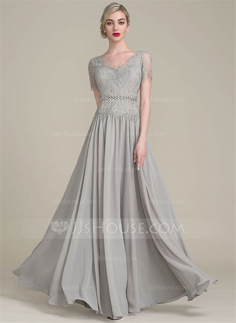 A Line V Neck Floor Length Chiffon Lace Mother Of The Bride Dress With Beading Sequins