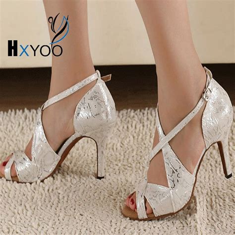 Hxyoo Professional Women Latin Ballroom White Dance Shoes Ladies Satin Salsa Party Dancing Shoes