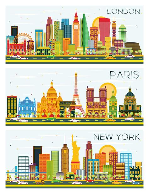 London Paris New York Skyline With Color Buildings And Blue Sky