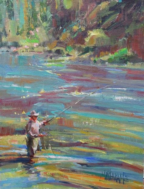 A Painting Of A Man Fishing In The Water