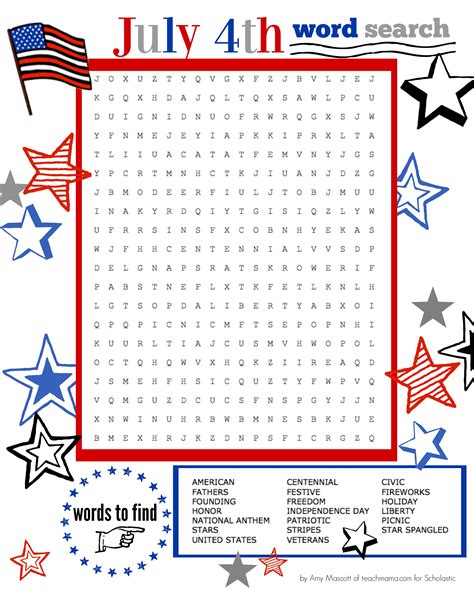 Superstar Celebration July 4th Word Search Printable Scholastic
