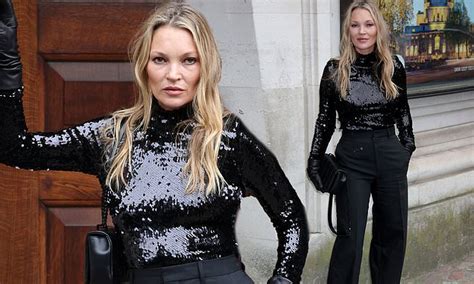 kate moss shows off her incredible sense of style in a high neck sequin top daily mail online