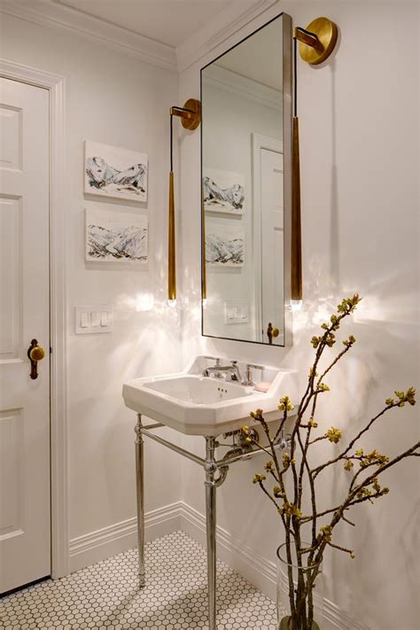 Classic Modern Powder Room With Washstand And White Hexagon Tile Floor