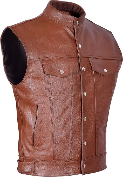 Biker Mens Leather Waistcoat Motorcycle Vest Brown Real Vest Jacket