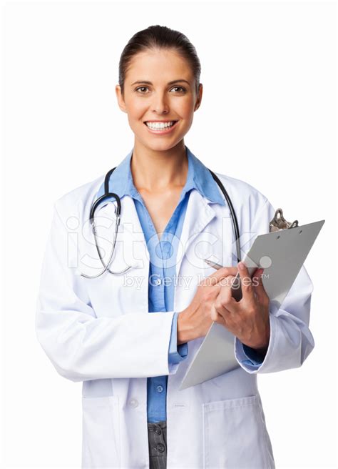 Happy Female Doctor Holding Clipboard Isolated Stock Photo Royalty