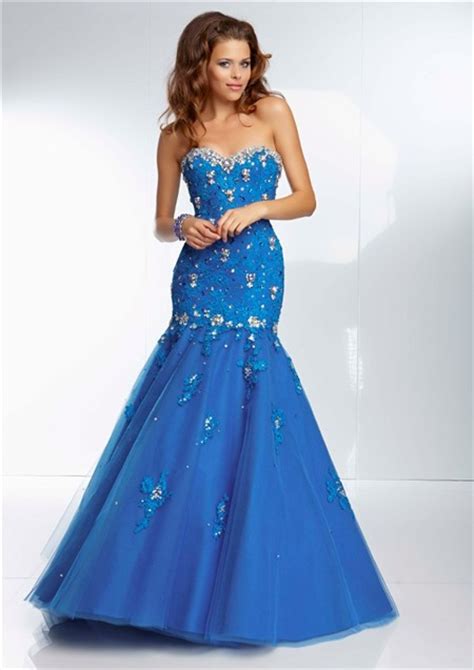 Mermaid Sweetheart Long Royal Blue Tulle Lace Beaded Prom Dress Corset Back