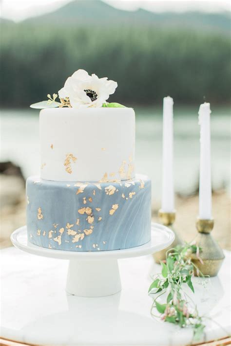 Two Tier Marble Dusty Light Blue Wedding Cake With Gold Foil Anenome