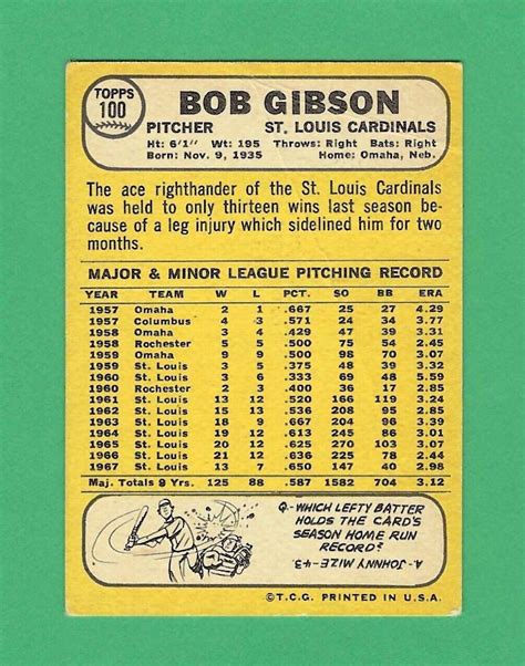 1968 Topps Cardinals Hof Pitcher Bob Gibson 100 Baseball Card Ebay