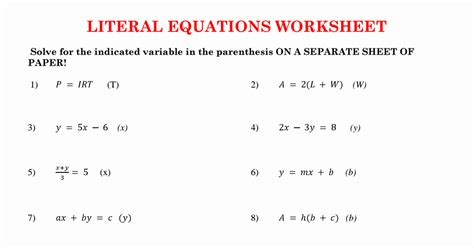 Algebra 1 Literal Equations Worksheet Equations Worksheets
