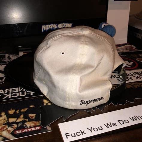 Supreme Ss16 White Strapback Hat With Leather Bill Depop