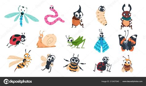 Funny Bugs Cartoon Cute Insects With Faces Caterpillar Butterfly