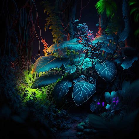 A Magic Forest With Bioluminescent Tree Digital Art Stock Illustration
