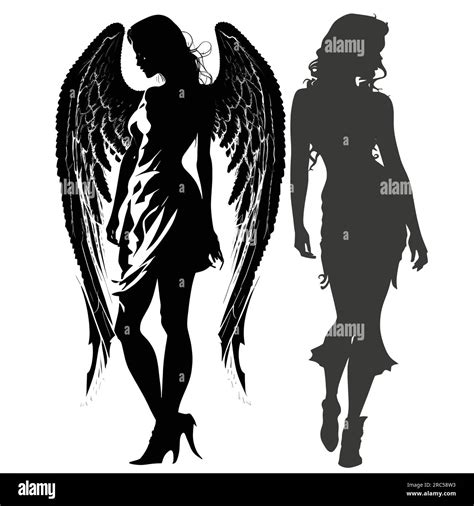 Vector Illustration Of An Angel In Black Silhouette Against A Clean