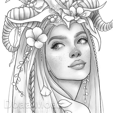 Printable Coloring Page Fantasy Floral Girl Portrait Etsy Grayscale