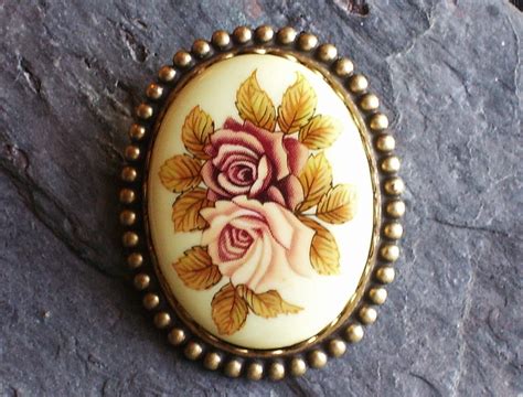 Pink Rose Cameo Brooch Glass Vintage Cameo Brooch Cream